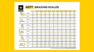 ACFT table showing U.S. Army fitness tests and scores for MDL, SPT, HRP, SDC, PLK, and 2MR by age group
