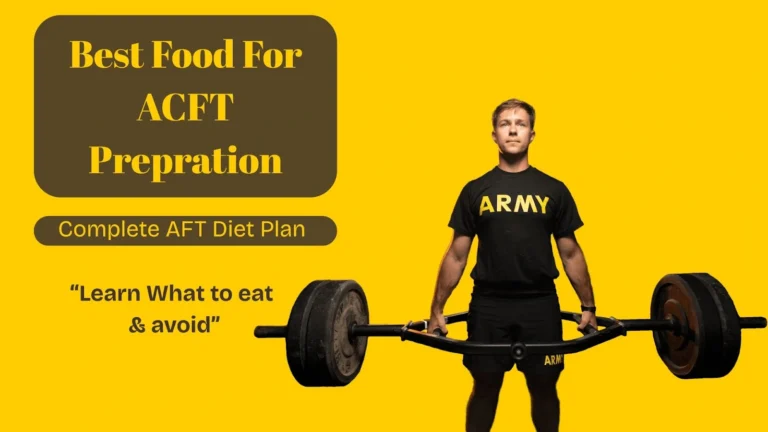 Army person holding a barbell on a yellow background with text about ACFT preparation and complete AFT diet plan