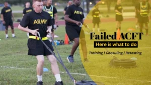 Army soldiers training outdoors with overlay text about ACFT failure and retesting guidance