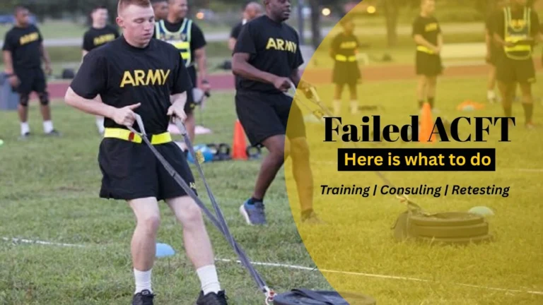 Army soldiers training outdoors with overlay text about ACFT failure and retesting guidance