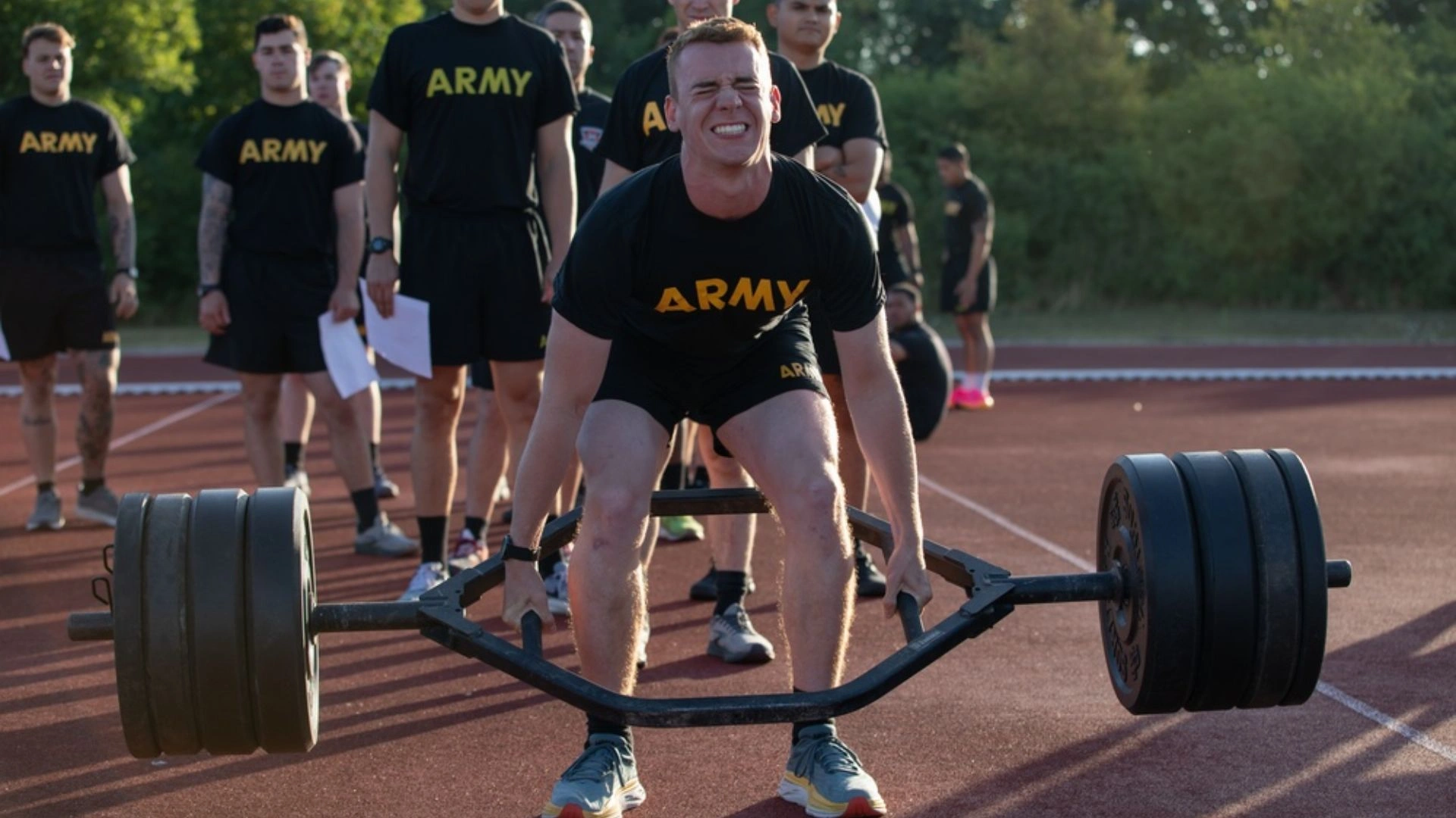 U.S. Army candidate performing a hex bar deadlift on a track field, surrounded by others in black “ARMY” shirts during an ACFT event