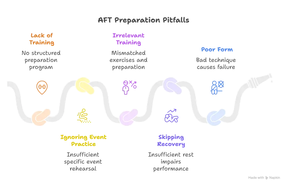 Infographic showing five AFT preparation mistakes with a knotted rope. Each knot shows issues like no training, poor form, and no recovery